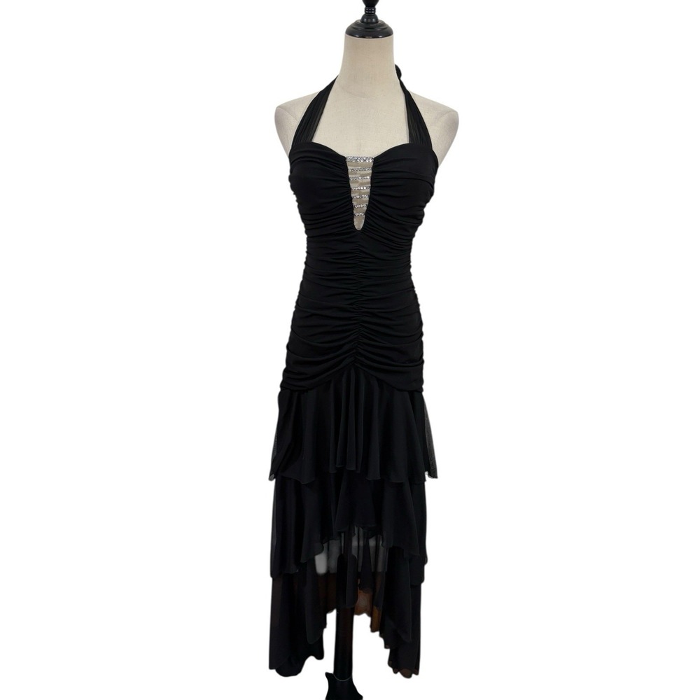 Vtg Y2K Black Halter Ruched Dress Rhinestone Sheer Fairy Whimsigoth Goth Sz S